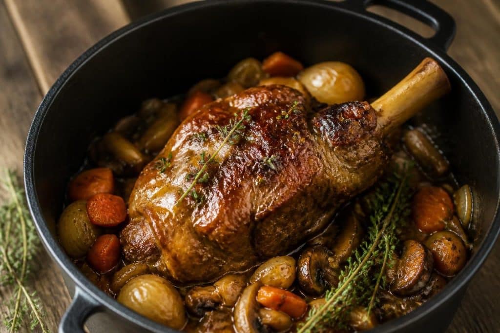 découvrez une recette facile et savoureuse de souris d'agneau à la cocotte en fonte, pour une viande tendre et fondante à souhait.